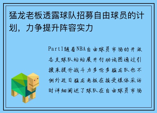 猛龙老板透露球队招募自由球员的计划，力争提升阵容实力